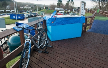 Dynamo electricity generating bicycle running a Scalextric in use on the WEBWalk.