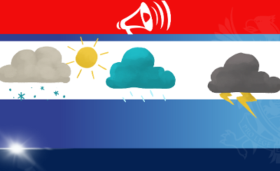 Graphic showing different types of weather and a red megaphone icon