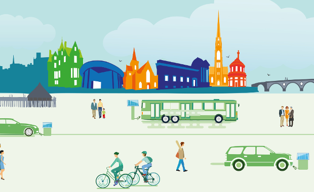 Illustration of people, bus and electric vehicles against backdrop of Perth and Kinross landmarks