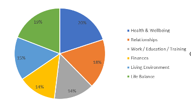 Pie chart showing the impact caring has on carers: 20% said health and wellbeing; 18% said relationships; 14% said work/education/training; 14% said finances; 15% said living environment; 19% said life balance