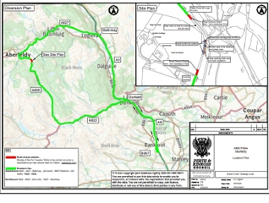 Map showing the works area and official diversion route for resurfacing on the A826 at Pitillie near Aberfeldy