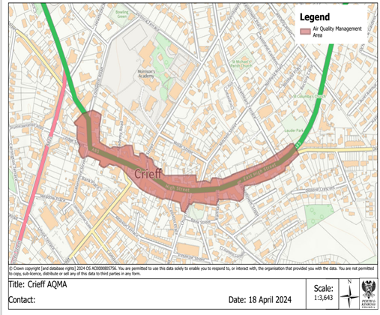 Map of the current Crieff Air Quality Management Area (AQMA)