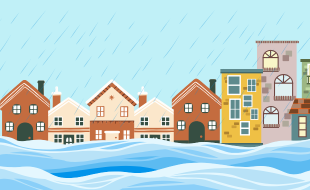 Illustration of a row of houses with rising flood waters and falling rain